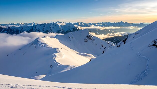 A scenic winter alpine vista with snow-covered peaks and low clouds