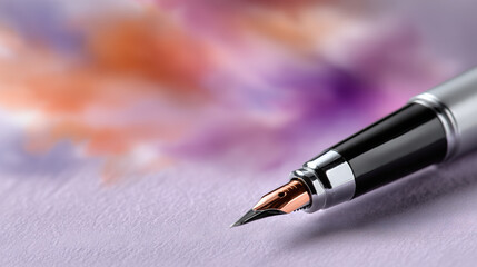 Fototapeta premium Fountain pen rests, radiating sophistication with its silver body against soft pastel backdrop, suggesting creativity and thought