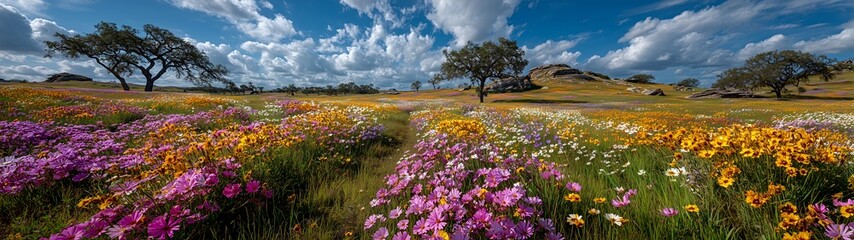 Summer meadow landscape with blue sky, white clouds and colorful wildflowers, green grass field with distant mountains and trees, nature scene, wide angle view, vibrant colors