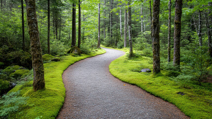 Obraz premium Winding trail surrounded by lush mossy trees creates calm woodland atmosphere