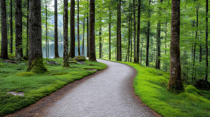Fototapeta premium Winding trail surrounded by lush green trees and mossy ground creates serene woodland atmosphere