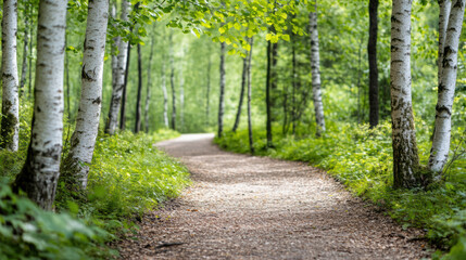 Serene woodland path surrounded by tall birch trees, inviting exploration and tranquility