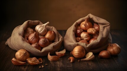 Two burlap sacks overflowing with fresh garlic and onions on a rustic wooden surface, captured in a warm, moody studio light