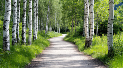 Serene woodland path lined with tall birch trees, inviting exploration and tranquility
