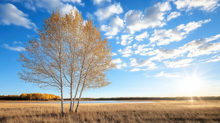 Fototapeta premium Golden trees reflect warm sunlight over serene lake, creating peaceful landscape