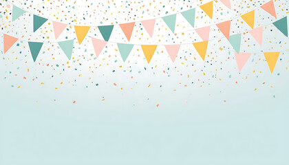 2d flat illustration of minimalist pastel party background with soft bunting flags, light confetti, and abstract shapes, clean white space,