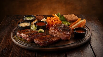 A delicious grilled beef steak platter with french fries, potato wedges, and a variety of dipping sauces on a rustic wooden board