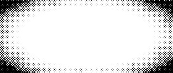 Halftone gradient texture. Fading radial dotted frame background. Grunge dot noise pattern wallpaper with zoom effect. Comic pop art border overlay. Cartoon grainy halfton patern backdrop. Vector © vika_k