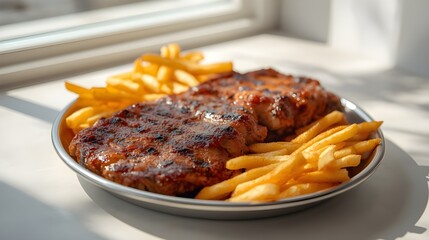 Delicious grilled steak and crispy french fries served on a metal plate by a window