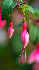 Close-up of two pink fuchsia buds with their delicate stamens