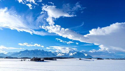 A winter scene of snow-covered fields, majestic mountains, and cloudy sky