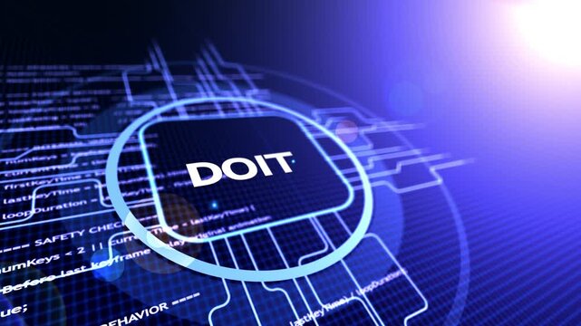 Digital interface with glowing " D O I T" text and abstract data streams technology