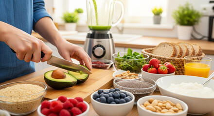 Healthy Eating Preparing Avocado for a Nutritious Smoothie, Surrounded by Fresh Ingredients