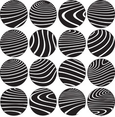 Sixteen black and white spheres with striped patterns