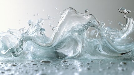 Dynamic splash of clear water, showcasing a wave's form, droplets, and fluid motion