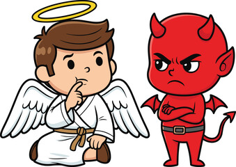 Cartoon angel and devil character illustration, moral conflict concept, good versus evil, flat vector drawing, spiritual symbolism, thoughtful design