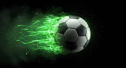 Naklejka premium Soccer ball engulfed in vibrant green energy and smoke