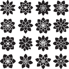Sixteen Black Flower Silhouettes on White Background