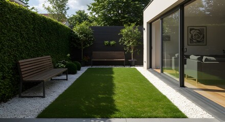 Fototapeta premium Modern backyard garden with green lawn and benches near contemporary house