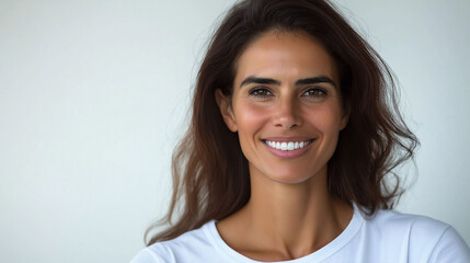 A smiling businesswoman wearing a red sweater is standing in a room with a blurred background.
