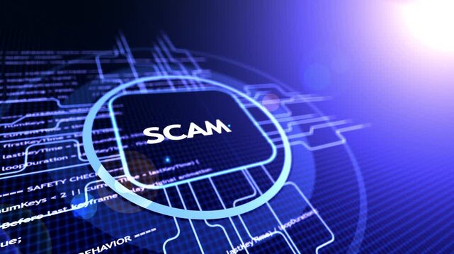 Digital scam alert warning system with glowing text and abstract circuit board background fraud deception