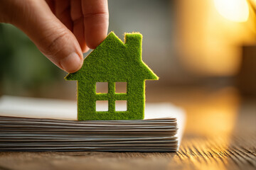 Hand placing miniature green house with check mark on documents in warm sunlight