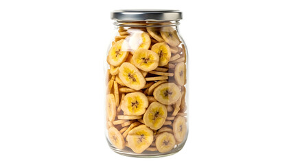 Jar of dried banana chips isolated on transparent background for healthy snack