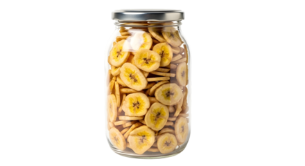 Jar of dried banana chips isolated on transparent background for healthy snack