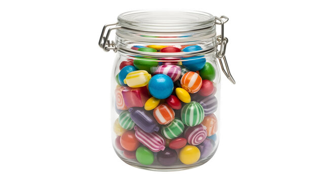 Glass jar filled with colorful candies isolated on transparent background, a sweet treat