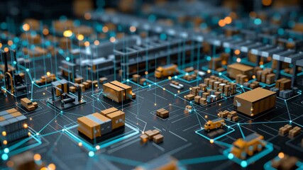 Macro depiction of warehouse and logistics icons connected by glowing data lines, concept of intelligent supply chain analytics, supply chain data insights - Powered by Adobe