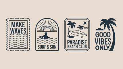 Tropical Summer Surf Vector Set,  Vector illustrations of waves, sun, surfboards, and beach elements with positive quotes for coastal lifestyle designs and tropical-themed branding projects.