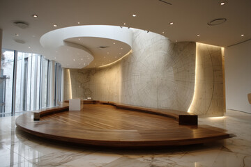 Modern gallery with floating circular platform and radial chart on curved wall