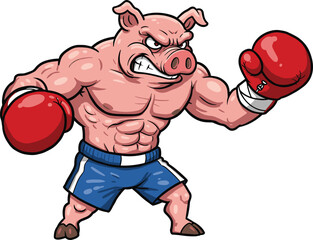 Cartoon boxing pig character, strong animal fighter mascot, muscular pig illustration, funny sports design, aggressive pig vector art, cad drawing flat vector illustration