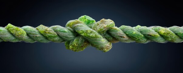 A close-up image of a green rope with a prominent knot, showcasing detailed textures and shades against a dark background.