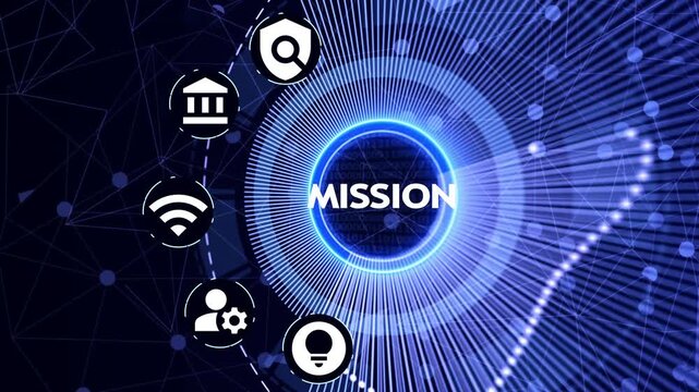 Futuristic digital network with glowing mission text and security icon abstract background