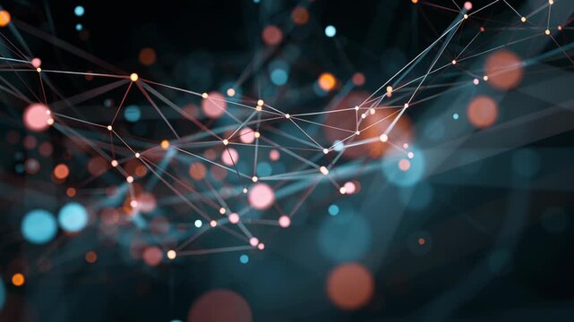A line of dots with a blue background. The dots are in different colors. Macro shot of AI algorithm analyzing social sentiment data, glowing colored nodes representing emotions, sentiment analysis ai