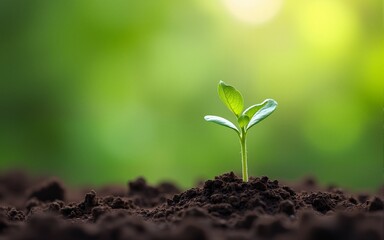A scene of farming and plant growth is set against a green, blurry backdrop. sprouting from seed and developing into a seedling. Concept of development and ecology in nature with copy space