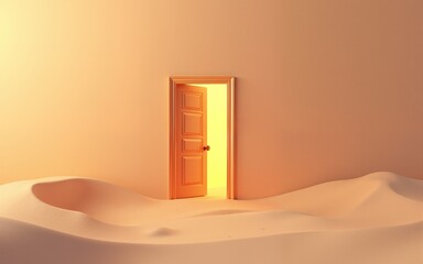 Opened door on desert. Unknown and start up concept. This is a 3d illustration. High quality