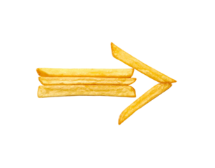 Studio photo of a few French fries spelling out an unknown message or word, isolated on a white surface.