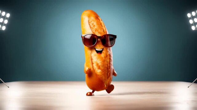 Cool Bread Roll with Sunglasses Dancing on Stage Under Spotlights A Fun Food Concept