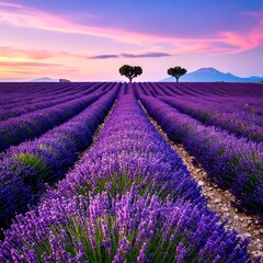 Fototapeta premium Field of purple blooms leads to trees under a vibrant, pastel sky