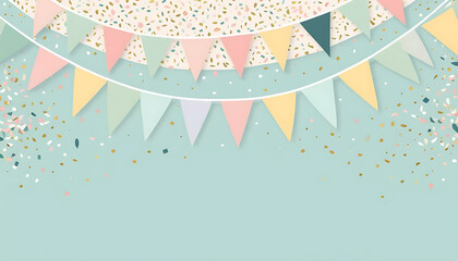 minimalist pastel floral decoration background, with bunting flags, petals, and confetti, perfect for invitations and greeting cards