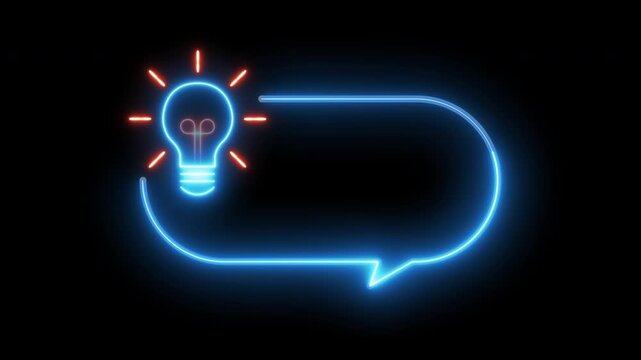 An animated neon light bulb icon connected to a speech bubble. Represents creative ideas, brainstorming, innovative communication, and new messages.