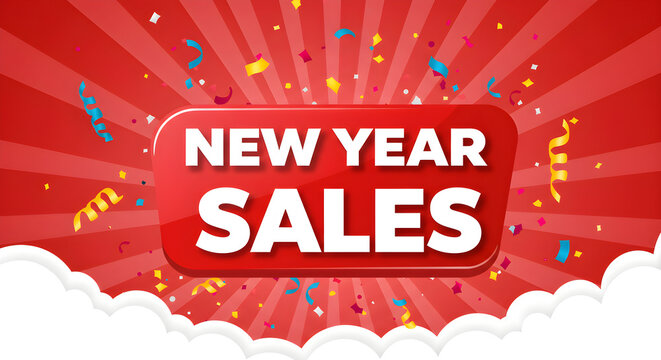 Exciting new year sales event with confetti and bursting red background