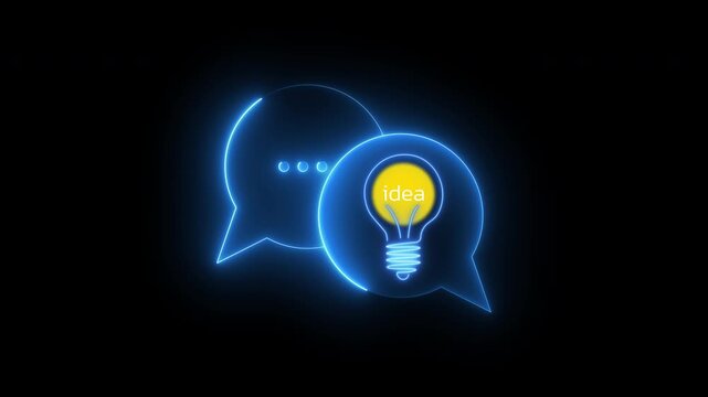 An animated neon icon of two speech bubbles. One contains a glowing light bulb with "idea," the other shows typing dots. Represents creative dialogue, brainstorming, and sharing innovative ideas.