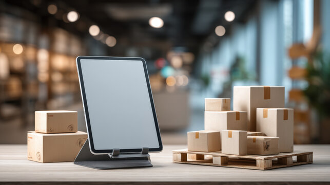 Tablet with blank check-in screen at e-commerce pickup point with parcel shelves