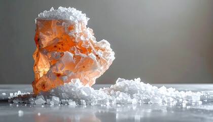 Lit, orange-pink crystalline formation on a pale gray surface