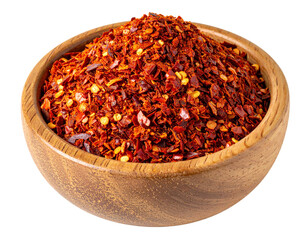 Red Chili Flakes in Wooden Bowl Isolated on White
