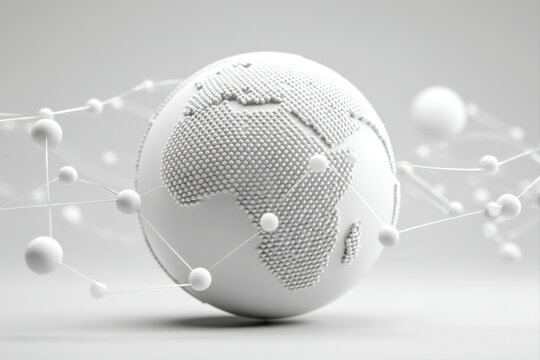 Minimalist white 3D globe with network nodes and lines symbolizing global connectivity