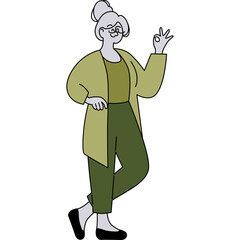 Elderly Woman With Grey Hair Wearing Glasses And Olive Green Outfit Showing Ok Gesture With Her Right Hand And Standing On One Leg With A Confident Pose On A Transparent Background